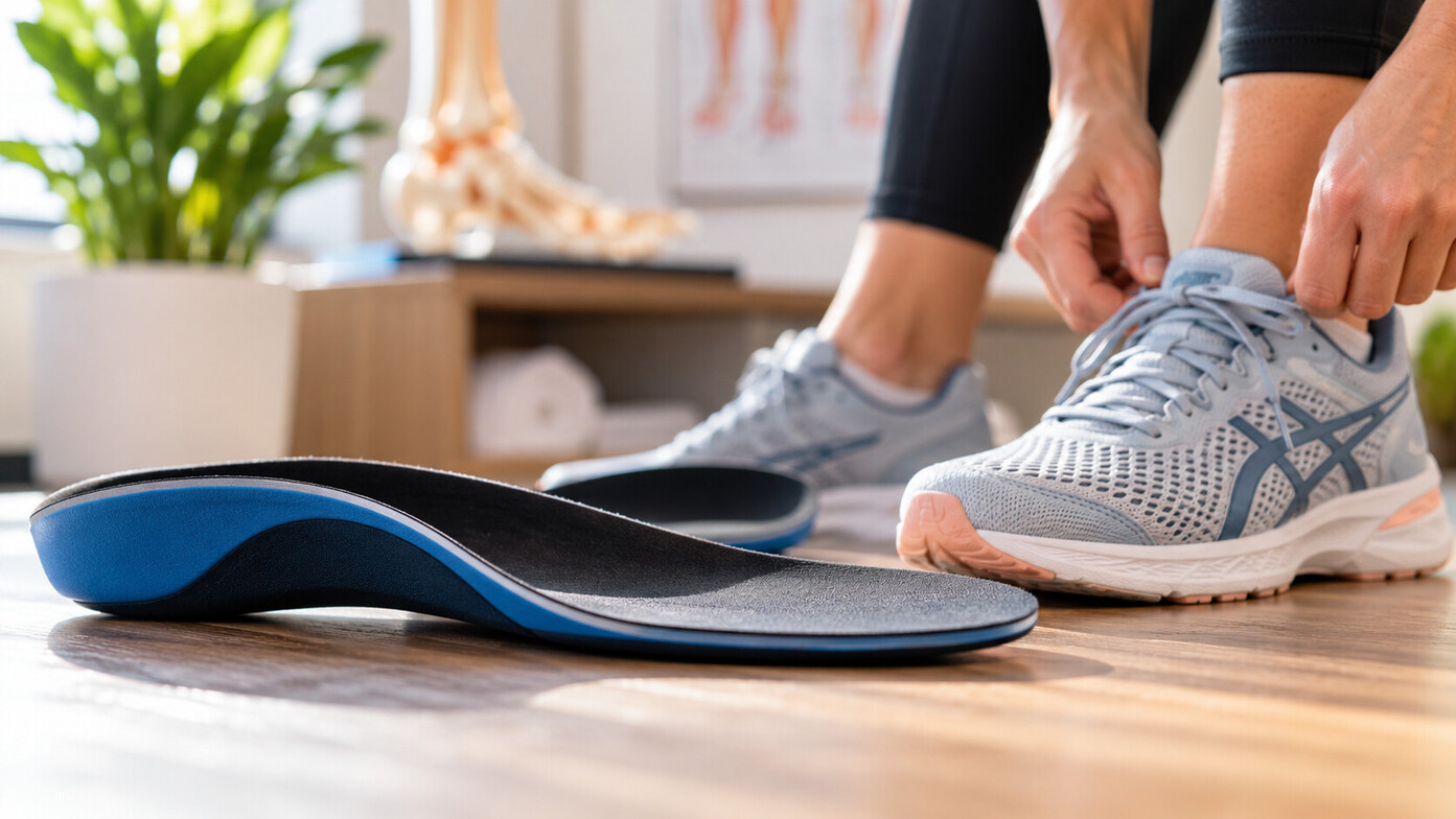 Custom foot orthotic insert beside a running shoe at Reform Health + Wellness in Red Deer.